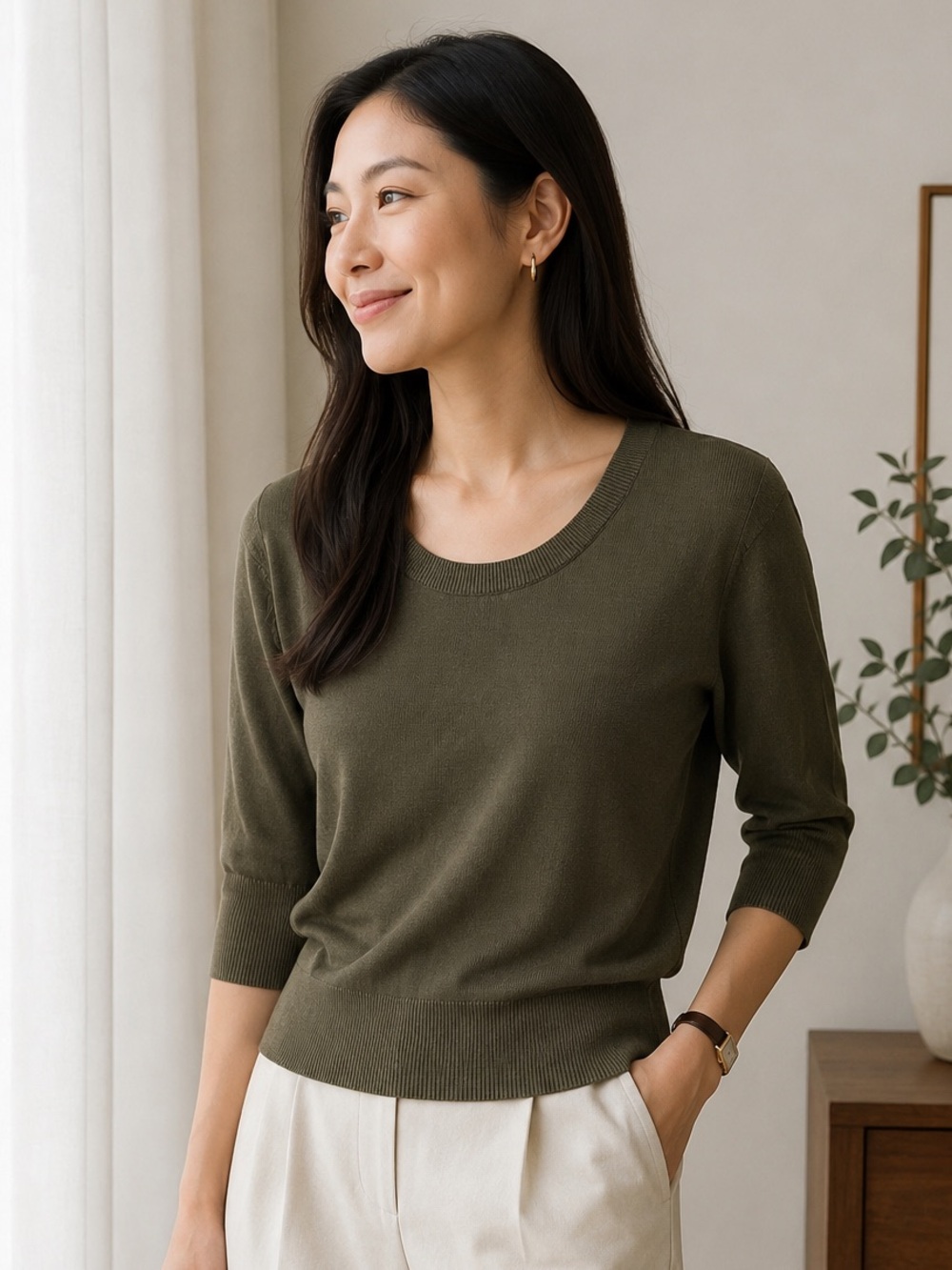 iORA Olive Green Fine Knit Sweater Top | 3/4 Sleeve | Size M